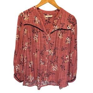 Paneros Textured Pink Floral Print Long Sleeve Blouse Top - size Medium